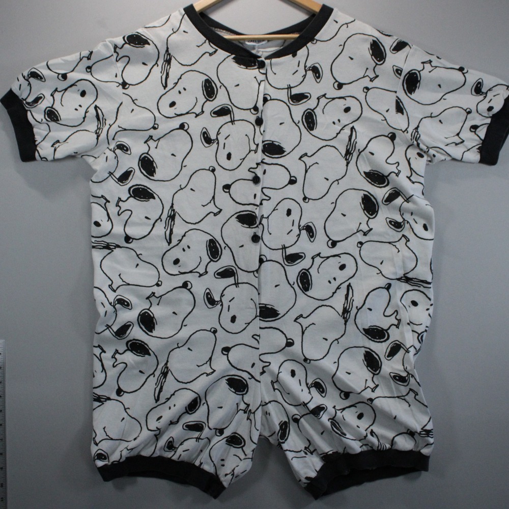 VTG Peanuts Adult L Snoopy All Over Print Romper Onesie Sleepwear White Black
